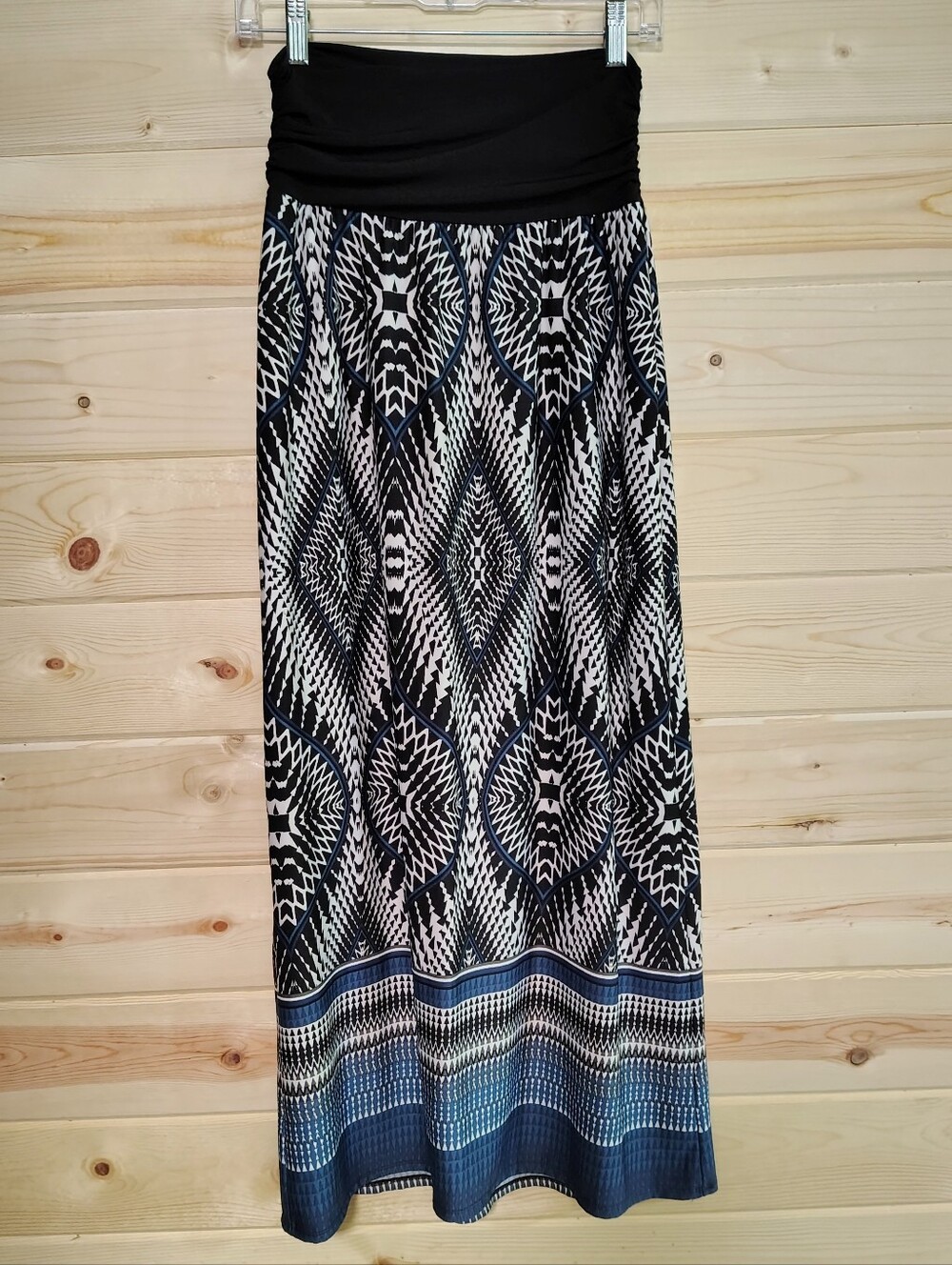 AB Studio Maxi Skirt Medium Black Blue Geometric Ruched Waist Stretch Bohemian